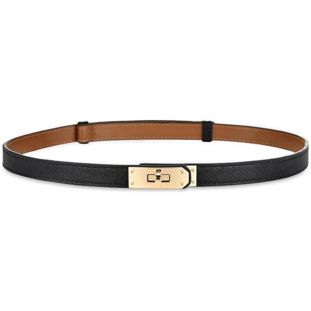 Women's Skinny Leather Belt with Adjustable Silver Turn-Lock Buckle